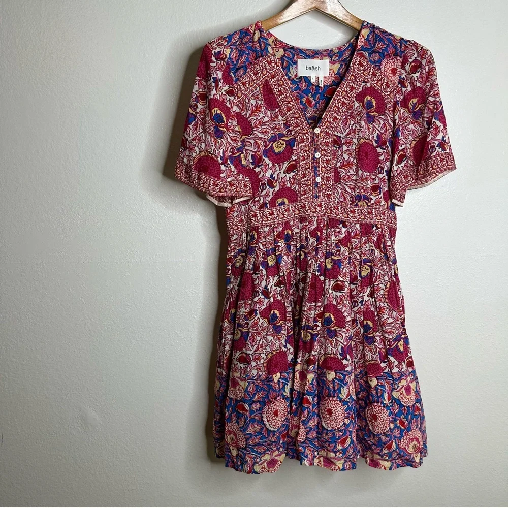 Ba&sh Valia Floral Pink Multicolor Bright Printed Mini Dress Size Small - Picture 3 of 13